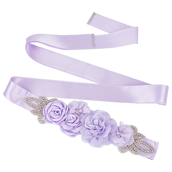 Rhinestone Flower with ABS Imitation Pearl Bridal Belt, Polyester Ribbon Wedding Sash for Wedding Dress Garment Accessories, Medium Purple, 106-1/4 inch(270cm)