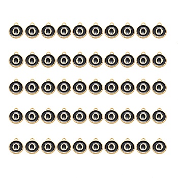 Golden Plated Alloy Charms, with Enamel, Enamelled Sequins, Flat Round, Black, Letter.O, 14x12x2mm, Hole: 1.5mm, 50pcs/Box