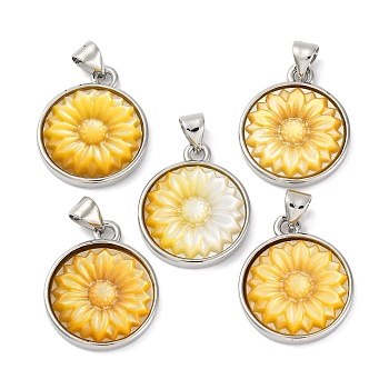 Natural Yellow Shell Carved Sunflower Pendants, Rack Plating Brass Flat Round Charms, Platinum, 20.5x17x3.5mm, Hole: 3.5x5mm