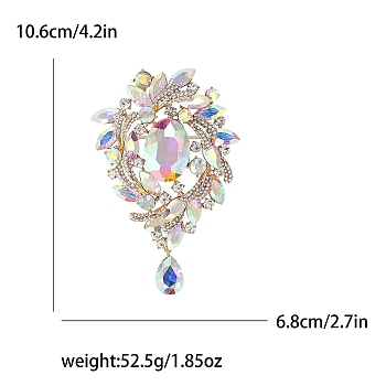 Glass Rhinestone Flower Brooch, Women's Clothes Jewelry, with Alloy Pin, Crystal AB, 106x68mm