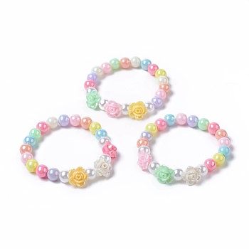 Kids Acrylic Beaded Stretch Bracelets, with Round Eco-Friendly Plastic Imitation Pearl and Flower AB Color Plated Opaque Acrylic, Mixed Color, 1-5/8 inch(4cm)