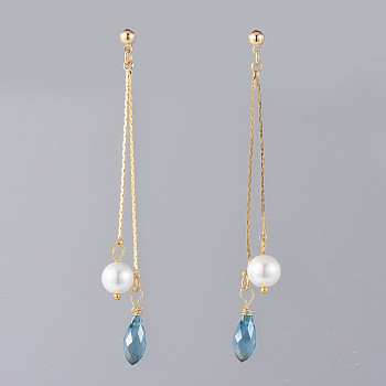 Long Chain Earrings, Brass Dangle Stud Earrings, with Glass Beads and Earring Backs, Golden, Blue, 83mm, Pin: 0.7mm