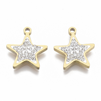 201 Stainless Steel Pendants, with Polymer Clay Crystal Rhinestone, Star Shape, Golden, 17x15x3mm, Hole: 1.6mm