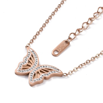 Ion Plating(IP) 304 Stainless Steel Cable Chain Necklaces, Polymer Clay Rhinestone Butterfly Pendant Necklaces for Women, Rose Gold, 17.13 inch(43.5cm)