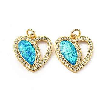 Valentine's Day Brass Micro Pave Cubic Zirconia with Synthetic Opal Pendants, with Jump Ring, Flat Round, Real 18K Gold Plated, 18.5x17.5x3mm