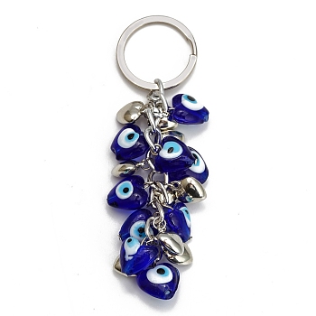 Heart with Evil Eye Lampwork Pendant Keychains, for Bag Car Key Decoration, Blue, 11x1.5~1.6cm
