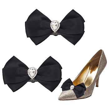 Detachable Polyester Shoe Decorations, with Brass Buckle Clip & Glass Crystal Rhinestone, Bowknot, Black, 57x90x20.5mm