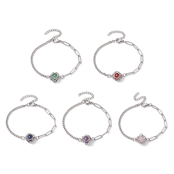 Natural Gemstone Round Link Bracelet, Macrame Pouch Bracelet, Stainless Steel Color, 7-1/4~7-3/8 inch(18.3~18.8cm)