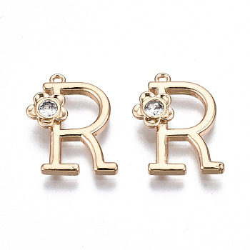 Brass Pendants, with Rhinestones, Alphabet, Golden, Letter.R, 18x13x2.5mm, Hole: 1mm