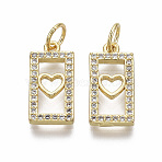 Brass Micro Pave Clear Cubic Zirconia Pendants, with Jump Ring, Nickel Free, Rectangle with Heart, Real 18K Gold Plated, 15x7.5x2mm, Hole: 3mm(KK-R133-004-06G-NF)