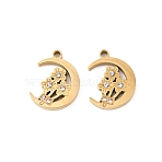 304 Stainless Steel with Rhinestone Pendants, Moon with Flower Charms, Ion Plating(IP), Real 18K Gold Plated, 15x11.5x2mm, Hole: 1.5mm(STAS-Z188-08G)