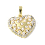 Brass Micro Pave Cubic Zirconia Pendants, Heart Charms, with ABS Imitation Pearl Beads, Rack Plating, Long-Lasting Plated, Real 18K Gold Plated, 18x19x5mm, Hole: 5x3mm(KK-P290-07A-G)