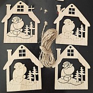 Unfinished Wood Pendant Decorations, with Hemp Rope, for Christmas Ornaments, House, 7.8x7cm, 10pcs/bag(XMAS-PW0001-170-10)