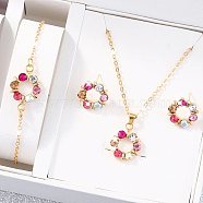 Ring Alloy Rhinestone Pendant Necklaces & Braceleta & Stud Earrings Sets, Golden, Necklace: 475mm long(WG4EA96-03)