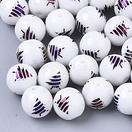 Christmas Opaque Glass Beads, Round with Electroplate Christmas Tree Pattern, Purple Plated, 10mm, Hole: 1.2mm(EGLA-R113-02G)