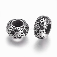 304 Stainless Steel European Beads, Large Hole Beads, Rondelle with Flower, Antique Silver, 11.5x6.5mm, Hole: 5mm(STAS-F195-125AS)