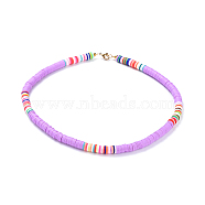 Handmade Polymer Clay Heishi Beaded Necklaces, with Brass Spacer Beads and 304 Stainless Steel Findings, Purple, 15.9~16.1 inch(40.5~41cm)(NJEW-JN02448-01)