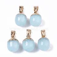 Top Golden Plated Natural White Jade Pendants, with Iron Snap on Bails & Loop, Barrel, Dyed, Cyan, 17~19x11.5~12.5mm, Hole: 4x6mm(X-G-T131-03P)