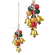 Christmas Theme Schima Wood Beaded Pendant Decorations, Iron Bell Wind Chimes with Cotton Braided Hanging Cord, Colorful, 225mm(HJEW-JM00925)