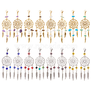 16Pcs 2 Style Woven Web/Net with Feather Alloy Pendant Decoration, Handmade Evil Eye Lampwork Beads & Gemstone Chip Beaded, with Lobster Claw Clasps, Mixed Color, 93mm, 8pcs/style(HJEW-NB0001-82)