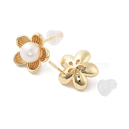 Natural Pearl Ear Studs, with Brass Findings and 925 Sterling Silver Pins, Flower, Real 14K Gold Plated, 12x13mm(EJEW-P256-56G)