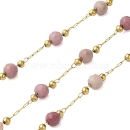 Ion Plating(IP) 304 Stainless Steel Link Chain, with Rhodonite Beads, Soldered, with Spool, Real 18K Gold Plated, 2~3.5mm, 10m/roll(CHS-H029-04G)