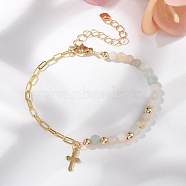 Charm Bracelets, with Natural Flower Amazonite Beads, 304 Stainless Steel Cross Charms, Brass Paperclip Chains & Round Beads, 7-5/8 inch(19.3cm)(X-BJEW-JB05336-02)