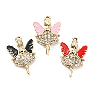 UV Plating Golden Alloy Enamel Pendants, with Rhinestone, Girl with Wings Charms, Mixed Color, 25.5x17x3mm, Hole: 1.8mm(PALLOY-D026-01G)