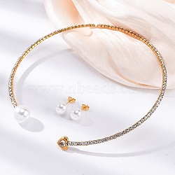 Round Plastic Imitation Pearl Stud Earrings & Heart Cubic Zirconia Rhinestone Cuff Choker Necklaces Sets, 304 Stainless Steel Jewerly Set for Women, Golden, Inner Diameter: 4.43 inch(112.5mm)(SJEW-U003-08G)