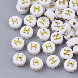 Plating Acrylic Beads, Golden Metal Enlaced, Horizontal Hole, Flat Round with Alphabet, White, Letter.H, 7x3.5mm, Hole: 1.2mm, about 3600pcs/500g(PACR-R242-01H)