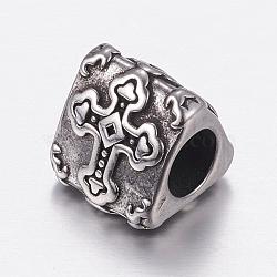 304 Stainless Steel European Beads, Large Hole Beads, Triangular Prism with Cross, Antique Silver, 11x11x11mm, Hole: 5mm(STAS-P173-110AS)