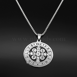 304 Stainless Steel Double Side Pendant Necklaces, Flat Round with Cssml Ndsmd Cross God Father/Saint Benedict, Stainless Steel Color, 19.88 inch(50.5cm)(NJEW-S007-17P)