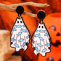 Cute White Ghost Stud Earrings, with Skeleton Head Tombstone Halloween Theme, Blue, 62x27mm(AU5426-3)