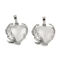 Natural Quartz Crystal Pendants, Brass Flower Charms, Rack Plating, Long-Lasting Plated, Lead Free & Cadmium Free, Platinum, 27x24x8mm, Hole: 8x5mm(G-Q025-01P-02)