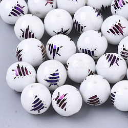Christmas Opaque Glass Beads, Round with Electroplate Christmas Tree Pattern, Purple Plated, 10mm, Hole: 1.2mm(EGLA-R113-02G)