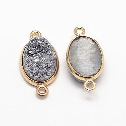 Electroplate Natural Druzy Crystal Links connectors, with Golden Tone Brass Findings, Oval, Dyed, Silver, 23x12x4~8mm, Hole: 2mm(G-A124-03I)