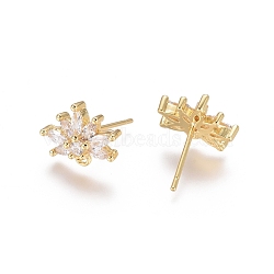 Brass Cubic Zirconia Stud Earring Findings, with Loop, Flower, Clear, Golden, 15mm, Pin: 0.7mm(EJEW-E257-06G)