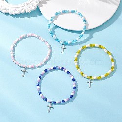 Adjustable Glass Beaded Charm Bracelets, with 201 Stainless Steel Cross Charm, Mixed Color, Inner Diameter: 2.20~2.34 inch(5.6~5.95cm)(BJEW-JB13287)