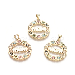 Brass Micro Pave Cubic Zirconia Pendants, Ring with Heart and Word MOM, For Mother's Day, Colorful, Golden, 25.5x23.5x2mm, Hole: 3.5x4.5mm(ZIRC-G152-25G)