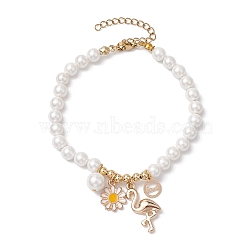 Spring Daisy Flower & Crane Charm Bracelets, 6mm Round Shell Pearl Beaded Bracelets for Women, Golden, White, 9-7/8 inch(25cm)(BJEW-JB10486)