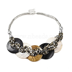 Spray Painted Disc Freshwater Shell & Acrylic Beaed Bib Necklaces, Black, 19.29 inch(49~50cm), 49.5mm(NJEW-S427-01P-03)