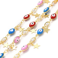 Colorful Enamel Evil Eyes & Imitation Pearl Beaded Horse Eye Link Chains, with Brass Star Charms, Soldered, with Spool, Real 18K Gold Plated, 7x4x3mm, 13x5x4mm(CHC-A006-06G)