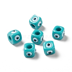 Resin Evil Eye European Beads, Large Hole Bead, Cube, Dark Turquoise, 12.5x14~14.5x14~14.5mm, Hole: 6mm(RESI-A021-03)
