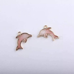 Alloy Enamel Pendants, Dolphin Shape, Cadmium Free & Lead Free, Light Gold, Pink, 22x14mm, Hole: 1.5mm(ENAM-TAC0001-38LG-02)