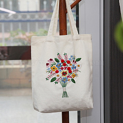 DIY Flower Bouquet Pattern Tote Bag Embroidery Kit, including Embroidery Needles & Thread, Cotton Fabric, Plastic Embroidery Hoop, White, 390x340mm(PW22121375828)