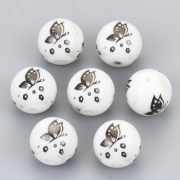 Electroplate Glass Beads, Round with Butterfly Pattern, Gunmetal Plated, 10mm, Hole: 1.2mm