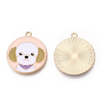 Eco-Friendly Alloy Enamel Pendants, Cadmium Free & Lead Free & Nickel Free, Flat Round with Dog, Light Gold, Pink, 28x25x1.2mm, Hole: 2mm