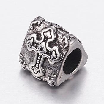 304 Stainless Steel European Beads, Large Hole Beads, Triangular Prism with Cross, Antique Silver, 11x11x11mm, Hole: 5mm