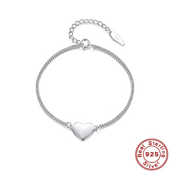 Rhodium Plated 925 Sterling Silver Link Bracelets, Heart, Platinum, 6-1/4 inch(16cm)