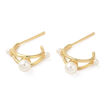Rack Plating Brass Arch Stud Earrings with Pearl Beaded, Lead Free & Cadmium Free, Real 18K Gold Plated, 17x5mm